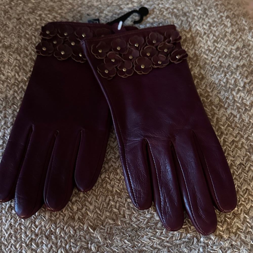 Chic Burgundy Leather Gloves with Floral Design